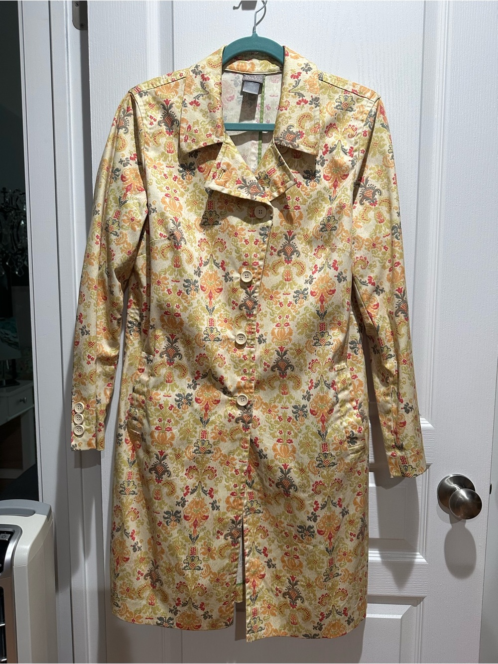 Sigrid Olsen Yellow Floral Brocade Trench Coat with Multi-Color Accents